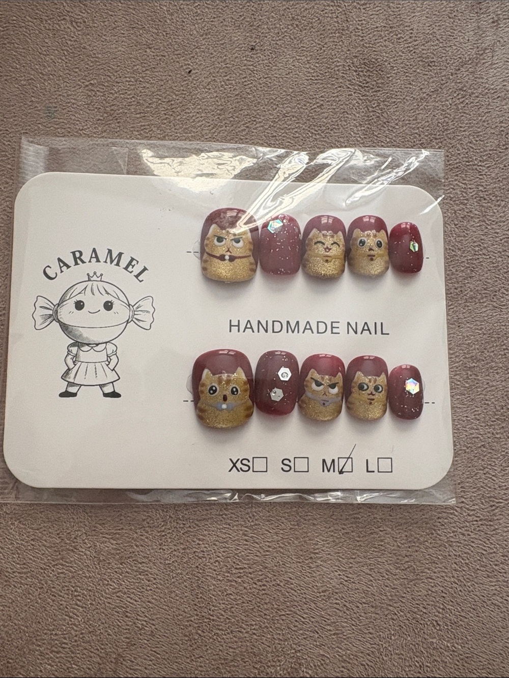 Caramel Mauve and Gold Cat Face Press-On Nail Set